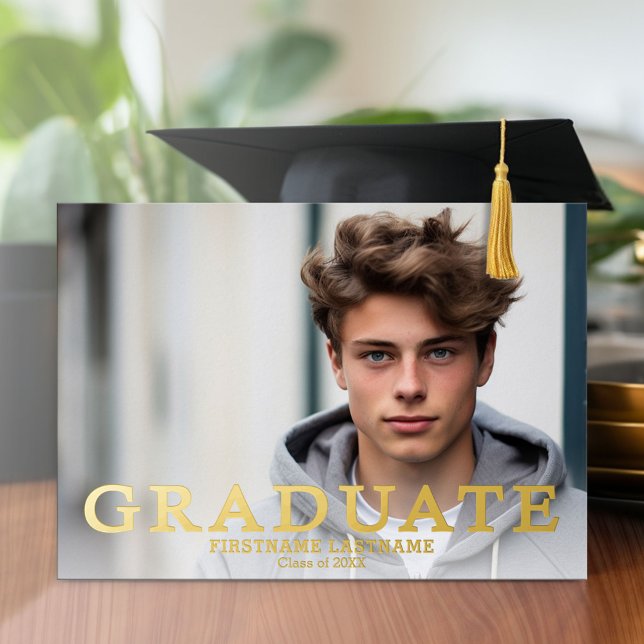 Graduation Party with 4 Photos Navy and Gold Foil Invitation (Graduation Party Invitation with Multiple Photos)
