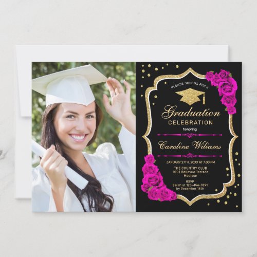 Graduation Party With Photo _ Black Gold Hot Pink Invitation
