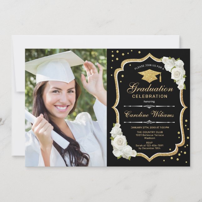Graduation Party With Photo - Black Gold White Invitation (Front)