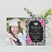 Graduation Party With Photo - Black Pink Silver Invitation (Standing Front)