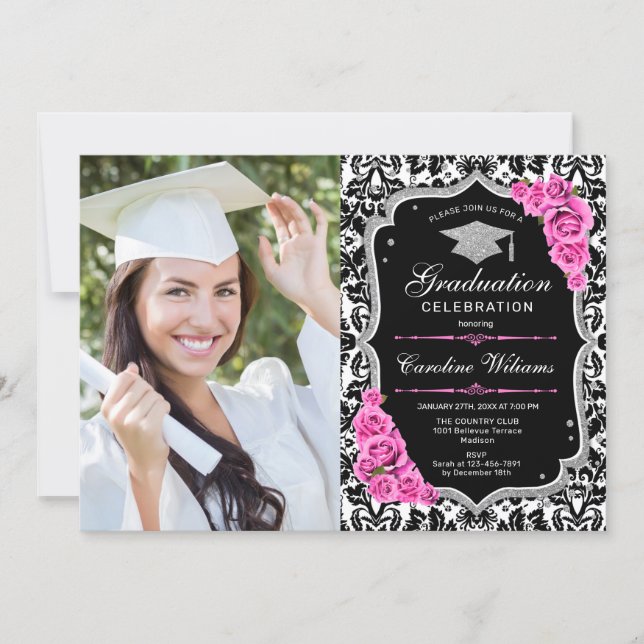 Graduation Party With Photo - Black Pink Silver Invitation (Front)