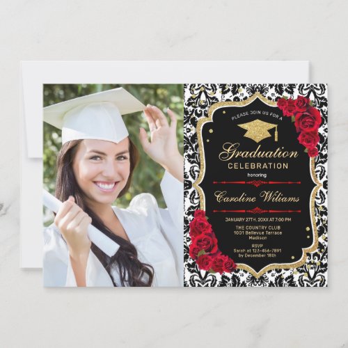 Graduation Party With Photo _ Black Red Gold Invitation