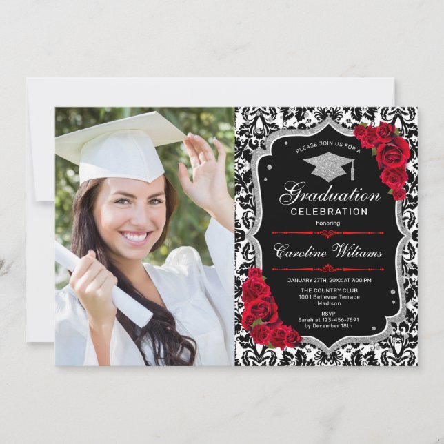 Graduation Party With Photo - Black Red Silver Invitation (Front)