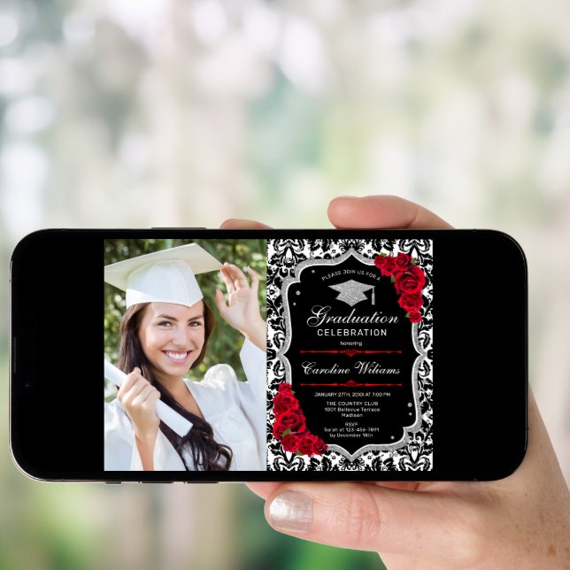 Graduation Party With Photo - Black Red Silver Invitation (Front Digital)