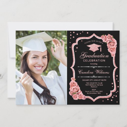 Graduation Party With Photo _ Black Rose Gold Invitation