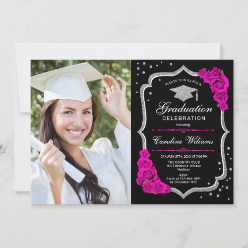 Graduation Party With Photo _ Black Silver Pink Invitation