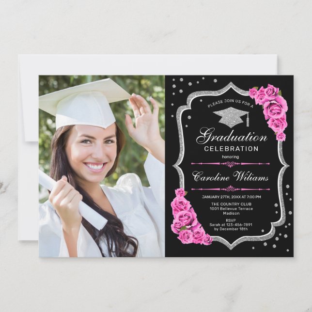 Graduation Party With Photo - Black Silver Pink Invitation (Front)
