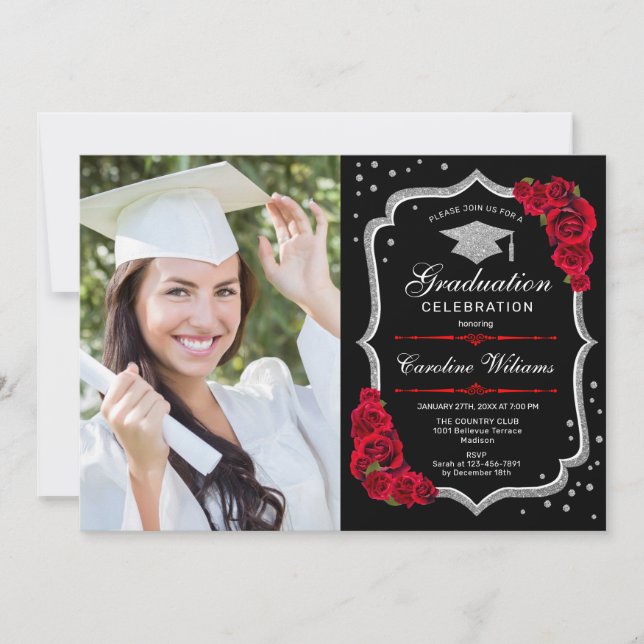 Graduation Party With Photo - Black Silver Red Invitation (Front)