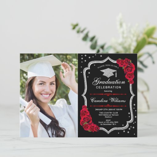 Graduation Party With Photo - Black Silver Red Invitation | Zazzle