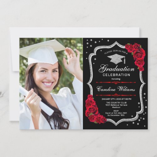 Graduation Party With Photo _ Black Silver Red Invitation