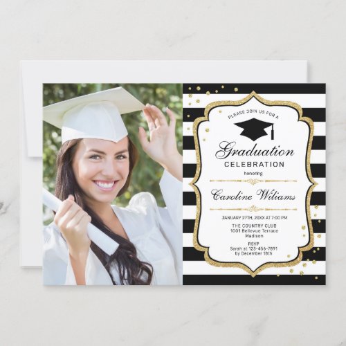 Graduation Party With Photo _ Black White Gold Invitation