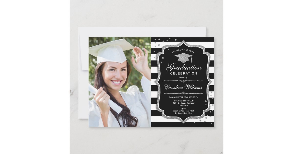Graduation Party With Photo - Black White Silver Invitation | Zazzle