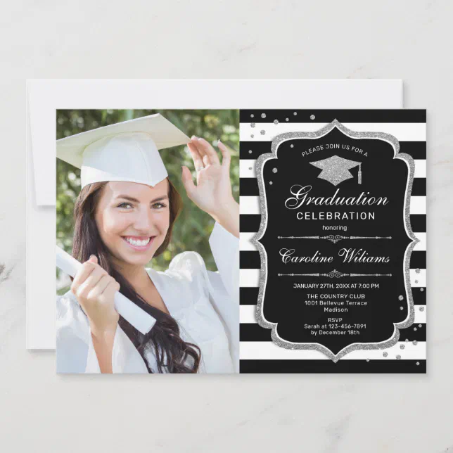 Graduation Party With Photo - Black White Silver Invitation | Zazzle