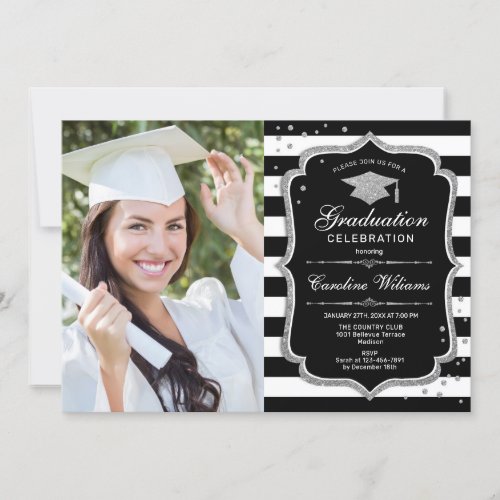 Graduation Party With Photo _ Black White Silver Invitation