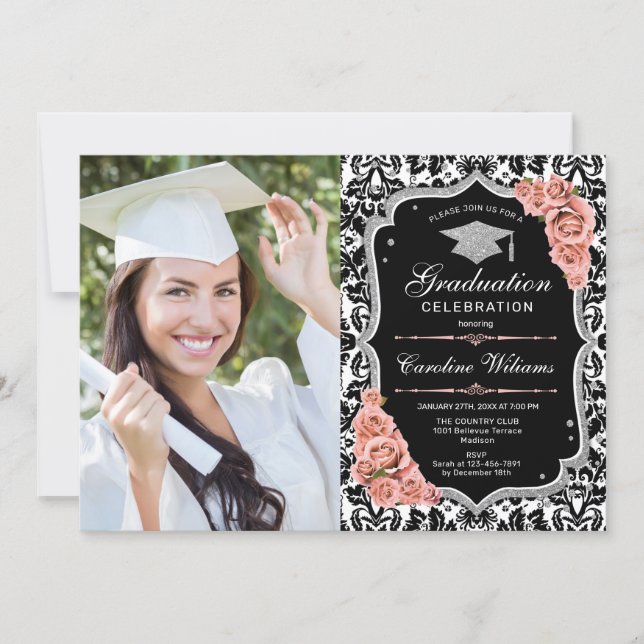 Graduation Party With Photo - Blush Pink Silver Invitation (Front)