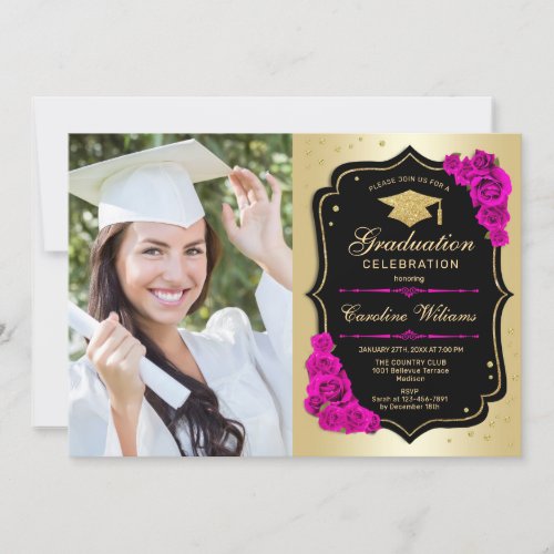 Graduation Party With Photo _ Gold Black Hot Pink Invitation