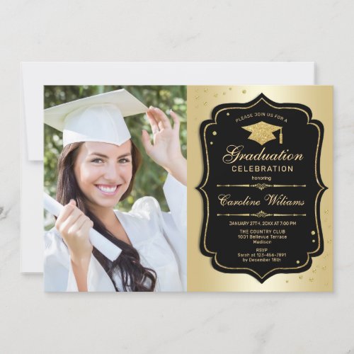 Graduation Party With Photo _ Gold Black Invitation