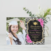 Graduation Party With Photo - Gold Black Pink Invitation (Standing Front)