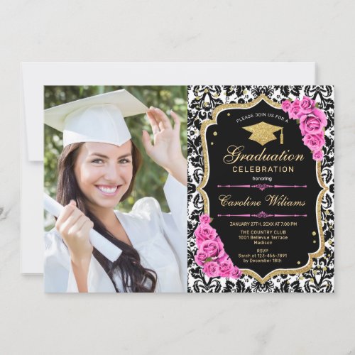Graduation Party With Photo _ Gold Black Pink Invitation
