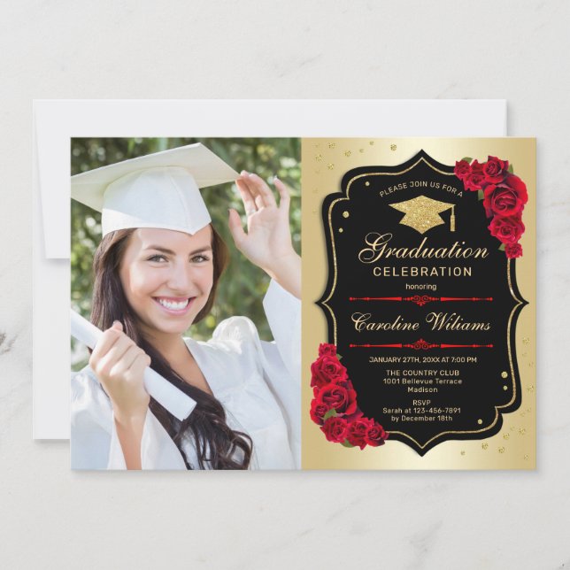 Graduation Party With Photo - Gold Black Red Invitation (Front)