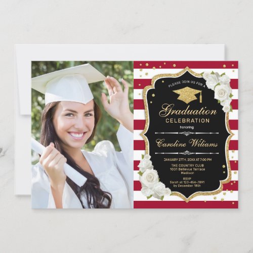 Graduation Party With Photo _ Gold Black Red Invitation