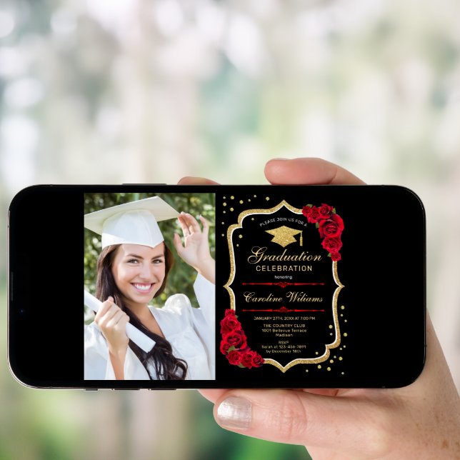 Graduation Party With Photo - Gold Black Red Invitation (Front Digital)