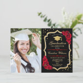 Graduation Party With Photo - Gold Black Red Invitation (Standing Front)