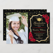Graduation Party With Photo - Gold Black Red Invitation (Front/Back)
