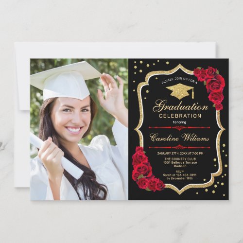 Graduation Party With Photo _ Gold Black Red Invitation