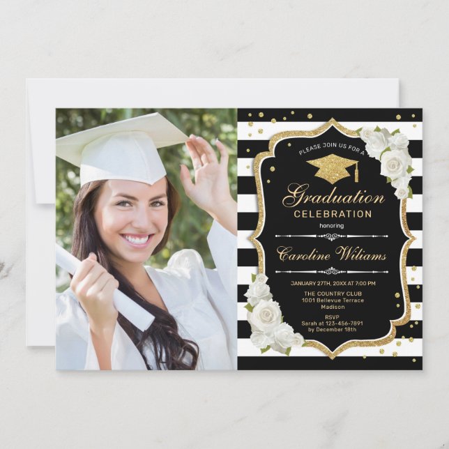 Graduation Party With Photo - Gold Black White Invitation (Front)