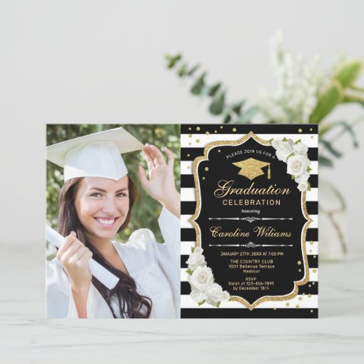 Graduation Party With Photo - Gold Black White Invitation | Zazzle