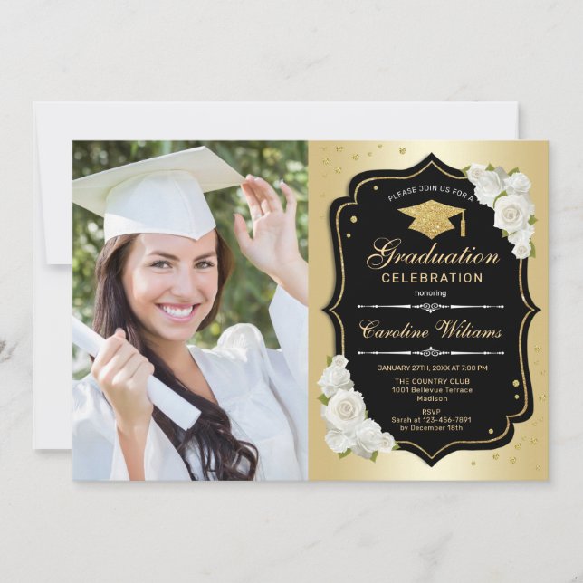 Graduation Party With Photo - Gold Black White Invitation (Front)