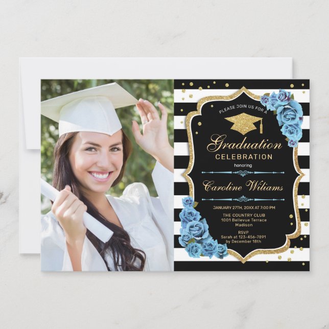 Graduation Party With Photo - Gold Blue Flowers Invitation (Front)