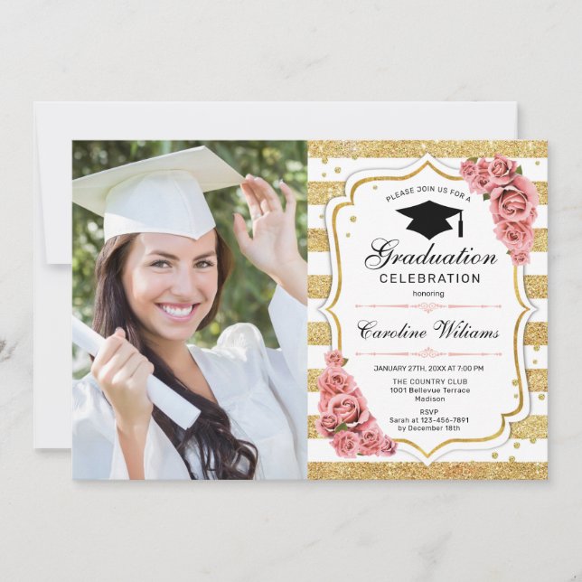 Graduation Party With Photo - Gold Blush Pink Invitation (Front)