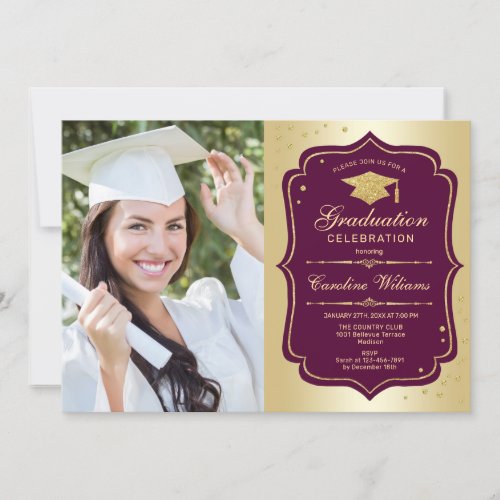 Graduation Party With Photo _ Gold Burgundy Invitation