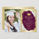 Graduation Party With Photo - Gold Burgundy Invitation (Front/Back)