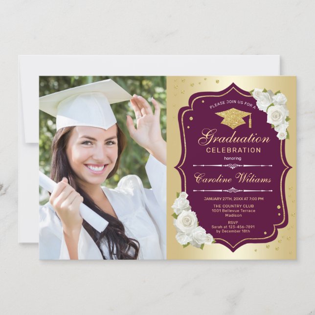 Graduation Party With Photo - Gold Burgundy Invitation (Front)