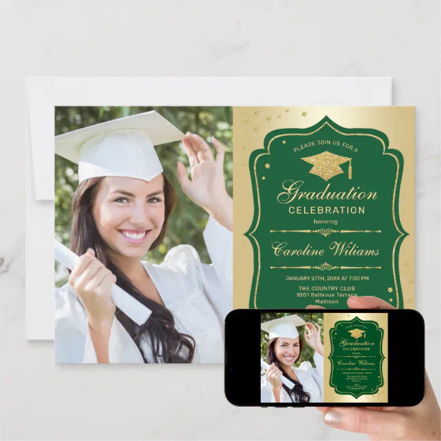 Graduation Party With Photo - Gold Green Invitation | Zazzle