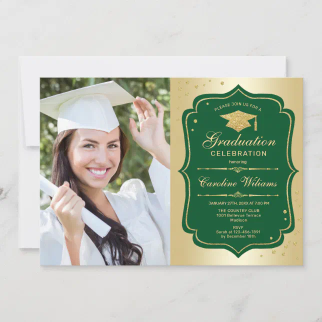 Graduation Party With Photo - Gold Green Invitation | Zazzle