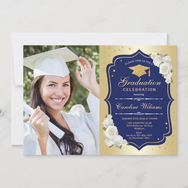 Graduation Party With Photo - Gold Navy Invitation (Front)