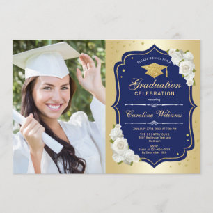 Graduation Party With Photo - Gold Navy Invitation