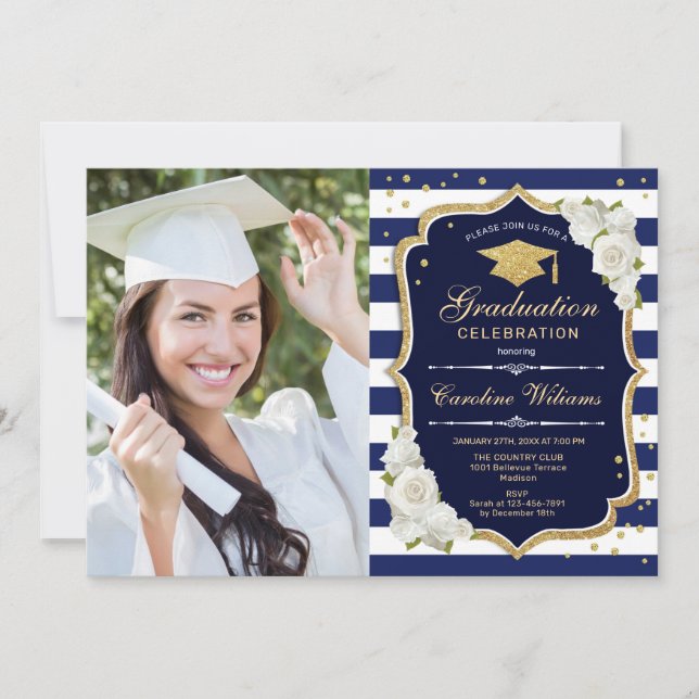 Graduation Party With Photo - Gold Navy White Invitation (Front)