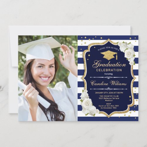 Graduation Party With Photo _ Gold Navy White Invitation