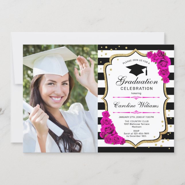 Graduation Party With Photo - Gold Pink White Invitation (Front)