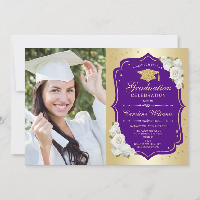 Graduation Party With Photo - Gold Purple Invitation (Front)