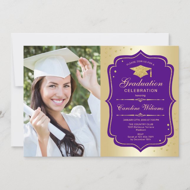 Graduation Party With Photo - Gold Purple Invitation (Front)