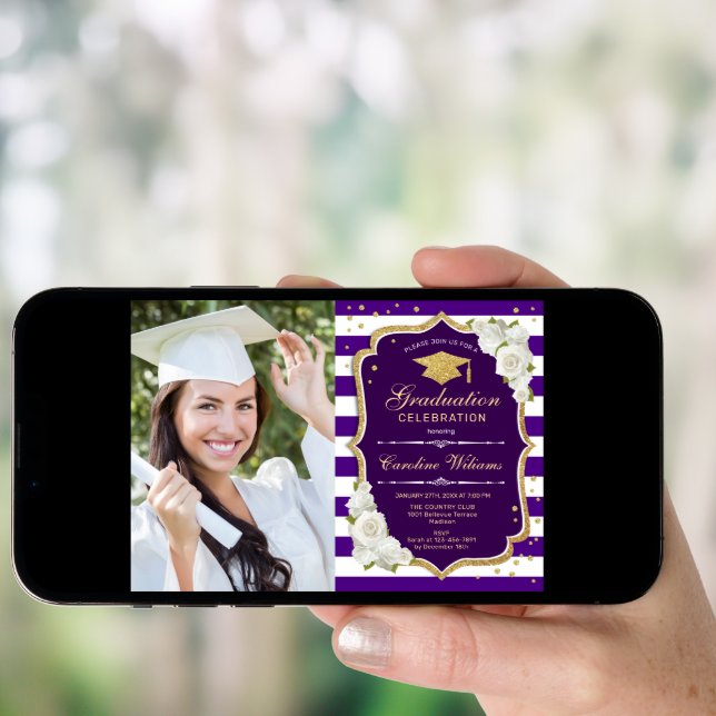 Graduation Party With Photo - Gold Purple White Invitation (Front Digital)