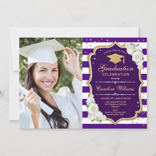 Graduation Party With Photo _ Gold Purple White Invitation