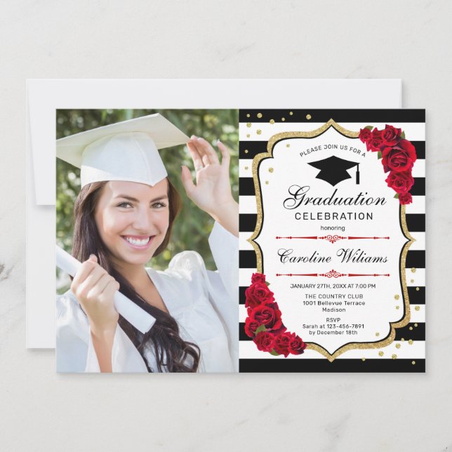 Graduation Party With Photo - Gold Red Black Invitation (Front)