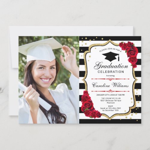 Graduation Party With Photo _ Gold Red Black Invitation